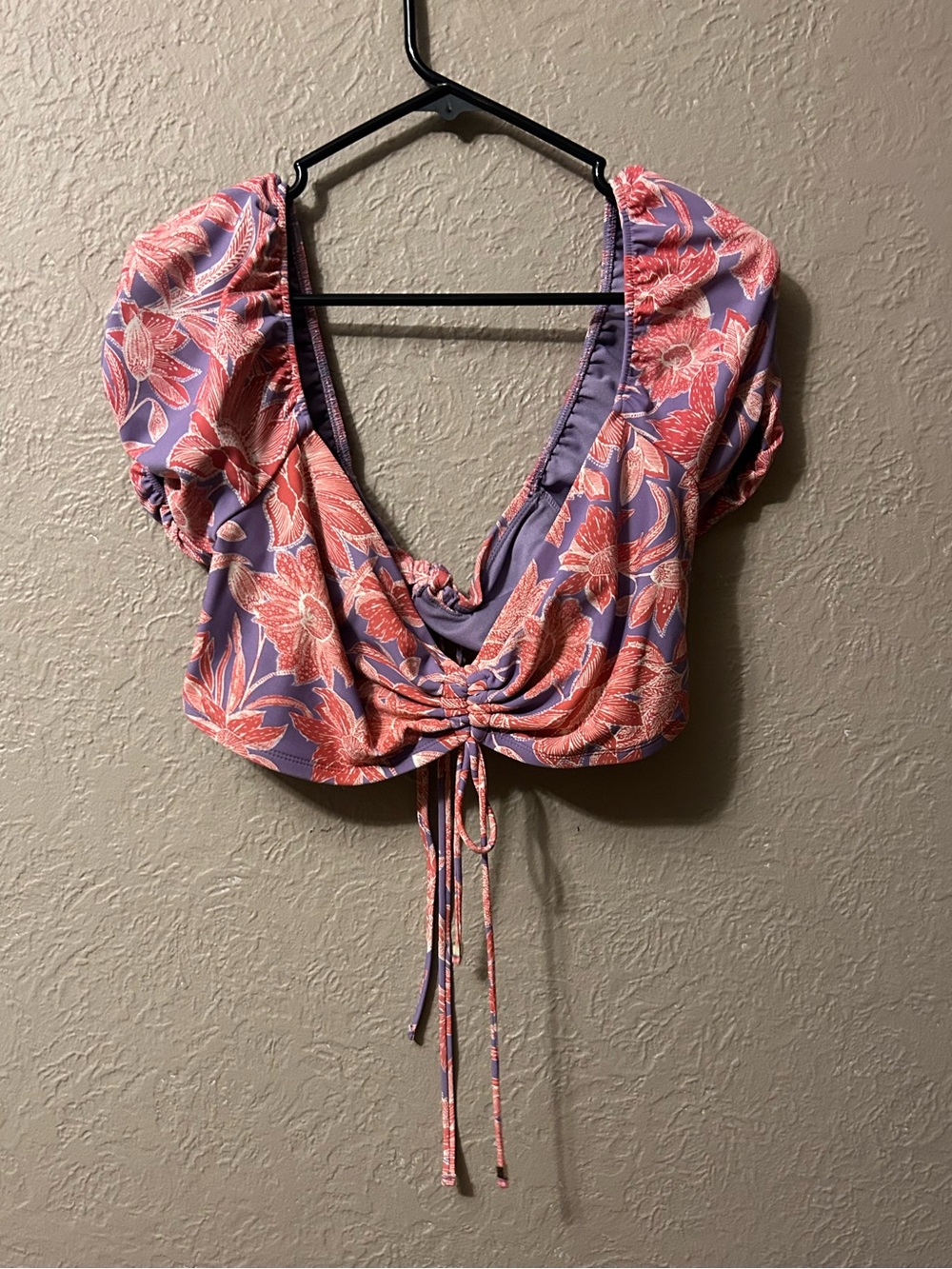 Time and Tru Pink Floral Ruched Drawstring Crop Top on Purple